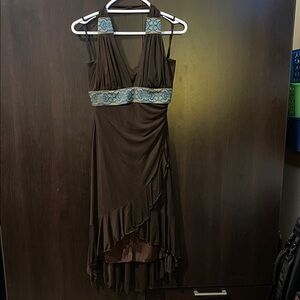 Elegant Brown Halter Dress with Blue Accents